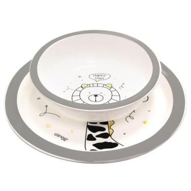 Imagem de Kit Infantil Prato e Tigela Zoo, Redondo, Branco com Desenho de Leão, 'Happy Days', Material Resistente, Prático para Refeições