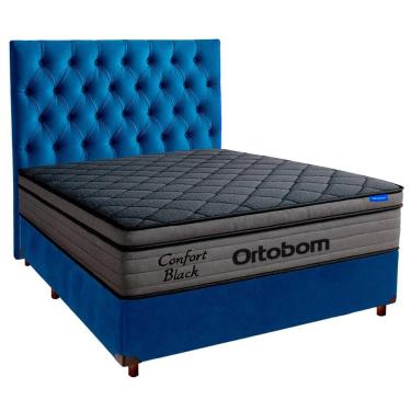 Imagem de Cama Box Azul+cabeceira+colchão Casal Confort Black Ortobom
