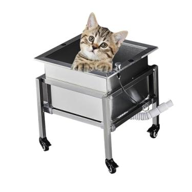 Imagem de Pia móvel de banheira de cuidados para cães, banheira de aço inoxidável para cães de estimação com rodas, estação de lavagem de animais de estimação para casa (48 cm/18,8 pol.)
