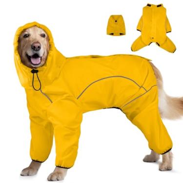 Imagem de Capa de chuva para cães, impermeável com capuz removível, poncho ajustável para animais de estimação de 4 pernas com orifício para trela, com capuz listrado refletivo, à prova de neve, roupas à prova