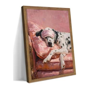 Imagem de Arte de parede dálmata emoldurada vintage, impressão em tela de cachorro fofo, pintura a óleo estética rosa, imagem de máscara de dálmata no sono, decoração de parede para quarto, sala de estar