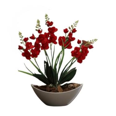 Imagem de Arranjo de Orquídea Artificial Phalaenopsis com Vaso Côncavo Branco e Casca Polida - Decoração Sofisticada para Ambientes Internos(Vermelho1)