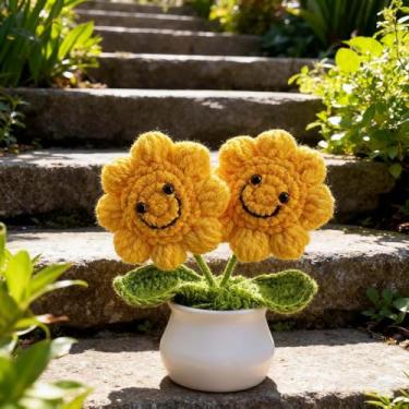 Imagem de Flores de crochê, lindas flores em vaso, acessórios de mesa de flores falsas, decoração de mesa, decoração de escritório em casa (girassol)