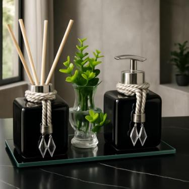 Imagem de Kit Aromatizador de Ambiente 300ml com Saboneteira Líquida e Bandeja Decorativa para Lavabo Completo(Preto com Prata)