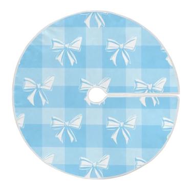 Imagem de ATTX Saia de árvore de Natal com laços xadrez azul e branco, 129 cm, decoração festiva para festas de Natal e Ano Novo #545