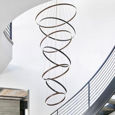 Imagem de CaraLuxe Lustre de LED de 7 anéis, lustre de madeira de nogueira preta, grande regulável, lustres redondos de teto alto para hall de entrada, escada, sala de estar, 78,7 cm