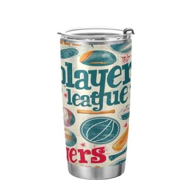 Imagem de Kigai Copo de aço inoxidável com pintura de beisebol de desenho animado de 590 ml, copo de café isolado com tampa e canudo, caneca de café de viagem de parede dupla para bebidas quentes e frias