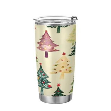 Imagem de YETTASBIN Copo de árvore de Natal com tampa de palha, copo de aço inoxidável de 590 ml, parede dupla, isolada a vácuo, caneca de café de viagem para bebidas quentes e frias
