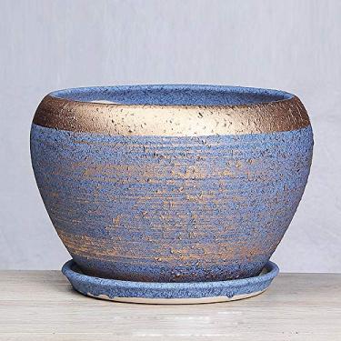 Imagem de uhyOHF Vaso de flores de cerâmica feito à mão com design simples redondo para suculentas/cactos, presente de aniversário perfeito para amigos e familiares (A-24,5 cm*17 cm