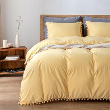 Imagem de XLCZMYL Conjunto de 3 peças de capa de edredom de cor lisa, macio, lavado, conjunto de cama para solteiro, Queen, King, fofo, pompom, amarelo claro, 228 x 228 cm