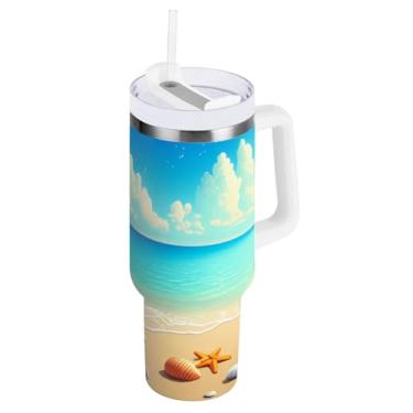 Imagem de Kigai Copo térmico de 1,134 g com alça, estrela do mar e conchas de praia com tampa e canudo, garrafa de água esportiva de metal grande, caneca de café de viagem de aço inoxidável