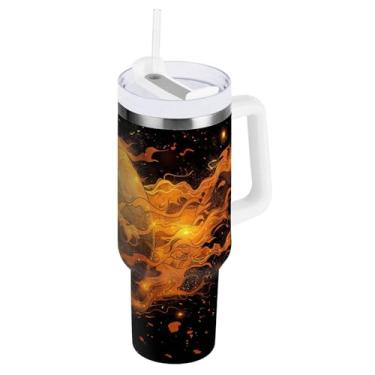 Imagem de STAYTOP Copo de caveira chama de Halloween de 850 g com tampa e canudo, copo isolado de aço inoxidável durável à prova de vazamento com alça, garrafas de água à prova de derramamento para viagens