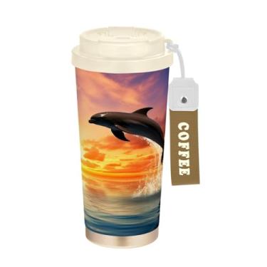 Imagem de Wassud Caneca de café de viagem isolada golfinho copo à prova de vazamento com tampa e canudo garrafa de água de aço inoxidável para café quente/gelo, chá e cerveja