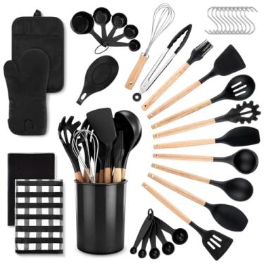 Imagem de Hillsuren Conjunto de 37 utensílios de cozinha de silicone, conjunto de utensílios de cozinha de silicone com suporte, toalhas de cozinha, luvas de forno resistentes ao calor, pegador de panela, cabo