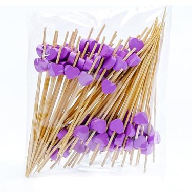 Imagem de 100 palitos de coquetel de coração, palitos de bambu de coração de 12 cm para aperitivos, espetos de dia dos namorados, palitos decorativos de palitos de frutas (roxo)