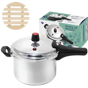 Imagem de Panela de Pressão 4,5 Litros Antiaderente Fechamento Externo + Descanso de Panela Redondo Madeira 14,5cm