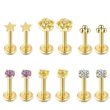 Imagem de Yjbglrygf Brincos de labret 16G, 12 peças, brincos tragus de piercing corporal com opala zircão lábio, anéis de lábios, brincos de hélice em 6 estilos, 1.2mm*8mm, Metal, Zircônia cúbica