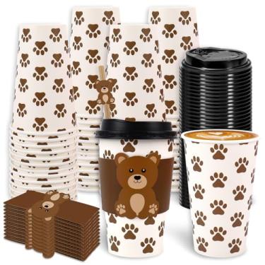 Imagem de FYSUIMU Conjunto de 50 xícaras de café descartáveis para chá de bebê com tampas e mangas copos de papel com estampa de pata de urso marrom para bebidas quentes e frias, suprimentos de festa de