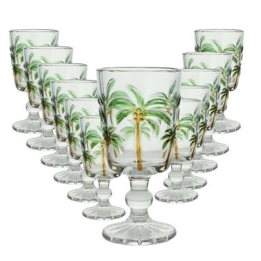 Imagem de Jogo 12 Taças De Vidro Tropical Palm Tree Coqueiro água Transparente Lyor 275ml