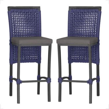 Imagem de 2 Banqueta Em Alumínio Roma Preta Corda Náutica Tecido 11 Azul