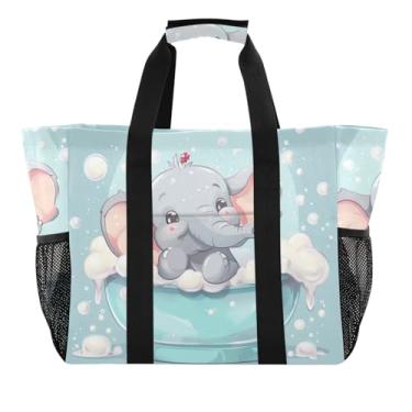 Imagem de ODAWA Linda bolsa de praia de lona portátil de elefante azul claro para natação e viagens, bolsas de praia femininas à prova d'água, Elefante fofo azul claro, One Size