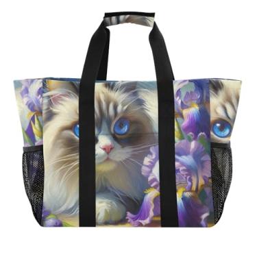 Imagem de ODAWA Sacola de natação grande com flores roxas de gato fofo, bolsa lavável com bolsos, Lindas flores roxas de gato, One Size