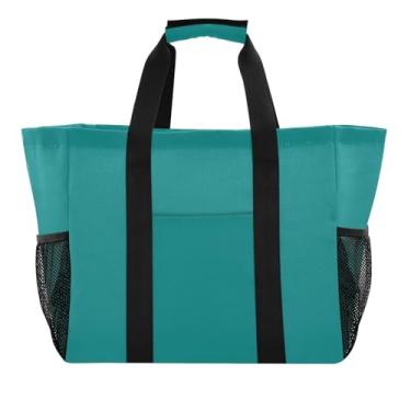 Imagem de ODAWA Bolsa de compras de lona dobrável azul-petróleo para viagens e verão, grande bolsa de praia impermeável