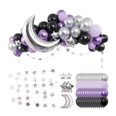 Imagem de Kit de arco de guirlanda de balão de Halloween - Balões roxos pretos prateados com estrelas e folhas de lua e faixa para decorações de festa de Halloween Boo Night