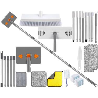 Imagem de Ferramenta de limpeza de rodapé com alça de 213 cm, esfregão de microfibra de 144 cm com 2 almofadas reutilizáveis e escova de limpeza resistente, esfregão úmido e poeira para madeira, laminado, piso