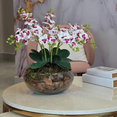 Imagem de Arranjo de Orquídeas Artificiais 3D Grande (12 Hastes) - Vaso Decorativo de Vidro, Perfeito para Decoração de Sala e Espaços Elegantes(Tigre)