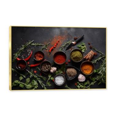 Imagem de Moldura dourada. Arte de parede em tela de especiarias coloridas e colher de tempero | Decoração de cozinha vintage | Arte moderna para casa e sala de jantar. C25. 60 x 90 cm - 23,7 x 35,5 pol