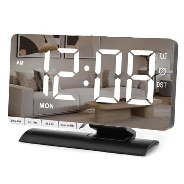 Imagem de Relógio digital, despertador de cabeceira, espelho de LED grande de 18 cm com visor de data, alarme duplo com 3 modos, ajuste Brightnee, DST, função soneca, porta de carregamento USB C, volume de 5