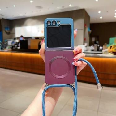 Imagem de Capa de silicone com gradiente de cor da moda para Samsung Galaxy Z Flip 5 6 Flip5, capa à prova de choque com carregamento sem fio e alça, azul e roxo, para Z Flip 5