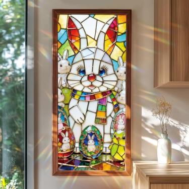 Imagem de SHENGYUMY Coelhinho da Páscoa Película para janela 100 x 39 x 39 cm Coelho branco com cachecol arco-íris adesivo decorativo de pintinho colorido para quarto de crianças