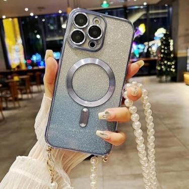Imagem de Capa para Samsung Galaxy S24 FE S25 S23 Ultra S21 S20 S22 Plus com cordão magnético de pérola e alça transversal com glitter, azul, para S20 Plus