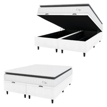 Imagem de Cama Box Colchão Baú Casal King Molas Ensacadas City Pillow Top 193x203x64cm Linho Branco/Cinza