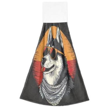 Imagem de Toalhas de mão engraçadas de cachorro Husky siberiano com laços para pendurar no forno conjunto de 2 toalhas de cozinha macias absorventes decorativas, 45 x 35 cm