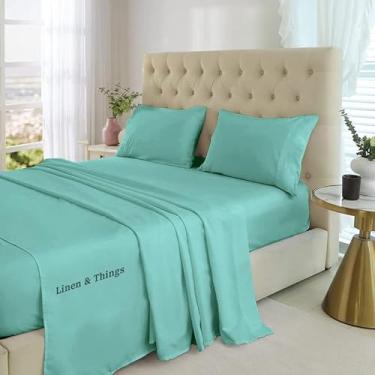 Imagem de Jogo de cama Eastern King Size algodão egípcio 800 fios - Conjunto de lençóis de cama 4 peças para bolso profundo de até 20 a 30 cm, lençóis de cetim macios sedosos - verde-água lisa