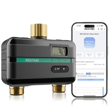 Imagem de RESTMO Temporizador de irrigação inteligente com medidor de vazão, temporizador de água de 2 zonas para mangueira de jardim, entrada e saída de latão, sistema automático de irrigação de gramado e