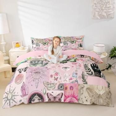Imagem de Castle Fairy Conjunto de capa de edredom rosa boho, tamanho Queen, sol e lua, 3 peças para decoração de quarto de crianças, meninas, meninos, adultos, capa de edredom com estampa de borboleta, retrô