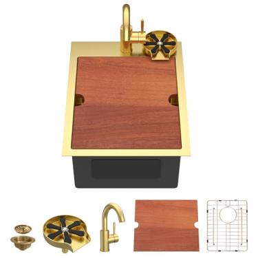 Imagem de Dcolora Pia de barra dourada com torneira, 38 cm x 50 cm, pia de cozinha pequena, aço inoxidável 304 de calibre 16, nano-PVD, estação de trabalho com acessórios valiosos #DC-T2533009BF