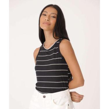 Imagem de Blusa Regata Feminina Canelada Listrada Marisa-04067, Preto, M