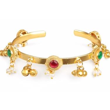 Imagem de Touchstone Nova Bollywood indiana feita à mão em corte redondo gravado tradicional vermelho verde falso rubi esmeralda pérolas ramo de contas de som tilintando pulseira de joias de designer em tom