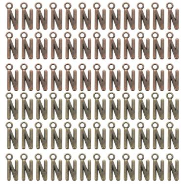 Imagem de YELARXI Pingente de letra A-Z com inicial do alfabeto pingente de liga capital, adequado para fazer joias pulseiras DIY colar - N (pacote com 100, ciano escuro/bronze vermelho)