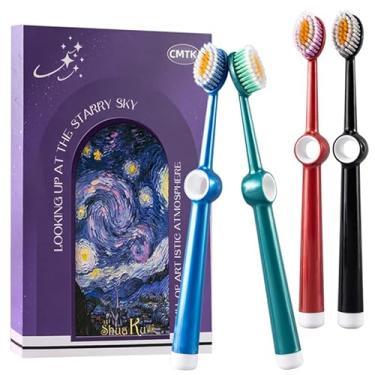 Imagem de CMTK Escovas de dentes extra macias com cabeça larga para adultos, escova de dentes nano com cerdas ultrafinas para gengivas sensíveis, várias cores, pacote com 4