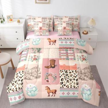 Imagem de Conjunto de cama de casal de 7 peças, estilo faroeste, para meninas adolescentes, rosa, estilo faroeste, botas de caubóis, cacto, cavalo, edredom com lençol com estampa de leopardo e guepardo