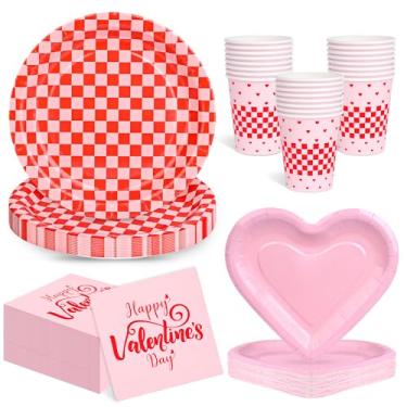 Imagem de Conjunto de utensílios de mesa para festa de dia dos namorados, 100 peças, rosa, coração, coração, guardanapos, copos, pratos xadrez vermelho e rosa para decorações de dia dos namorados, festa de