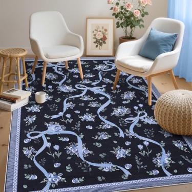Imagem de GarveeHome Tapetes de laço floral para quarto de meninas, tapete 7,5 x 12,7 cm para sala de estar com pelo baixo macio, lindo tapete lavável para berçário, dormitório de crianças e sala de jogos