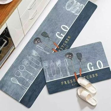 Imagem de Kit 2 Tapetes de Cozinha Antiderrapantes e Absorventes – Passadeira 40x120cm + Tapete 40x60cm em Poliéster(lanche fundo azul,2)