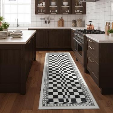 Imagem de GarveeHome Tapete de corredor de cozinha 5 x 15 cm, moderno tapete xadrez preto e branco lavável, tapetes antiderrapantes para quarto de crianças, contemporâneo, abstrato, de pilha baixa, tapete de